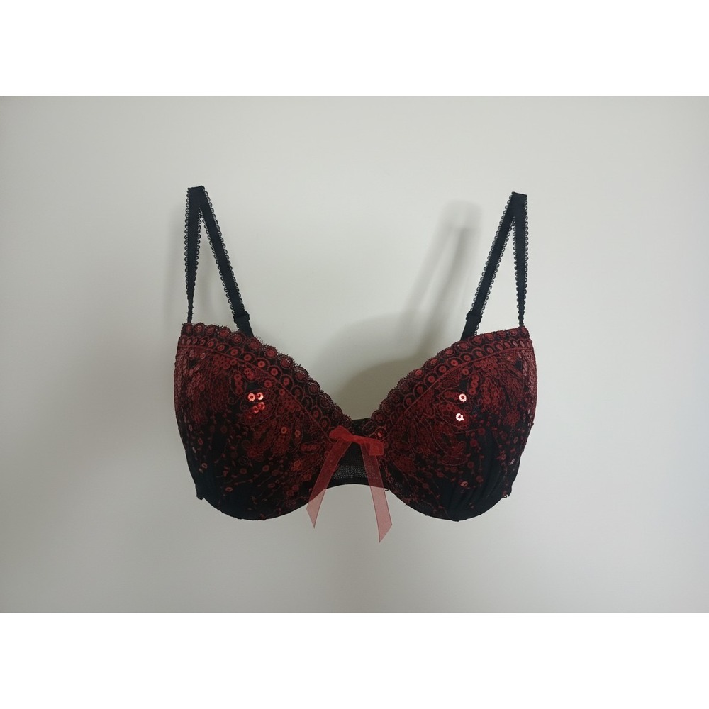 Fredericks of Hollywood Red Sequin Push Up Bra Underwire Size 36C Burlesque Sexy